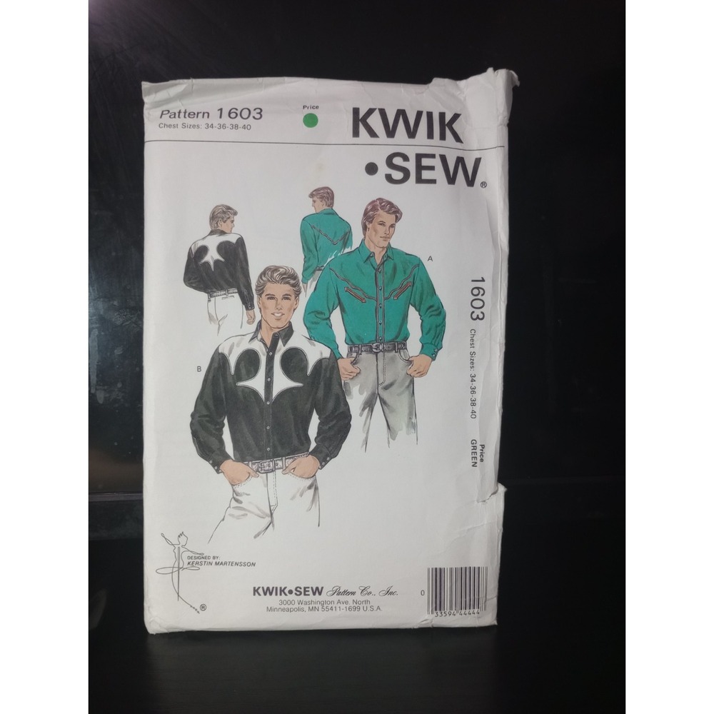 Vintage 1987 Kwik Sew 1603 Men's Western Shirt Sewing‎ Pattern Chest 34-40 New